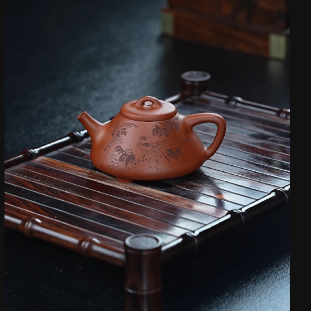 当代 子冶石瓢 鸟王张勇刻葡萄小鸟 顾华文全手制红皮龙泥料190cc