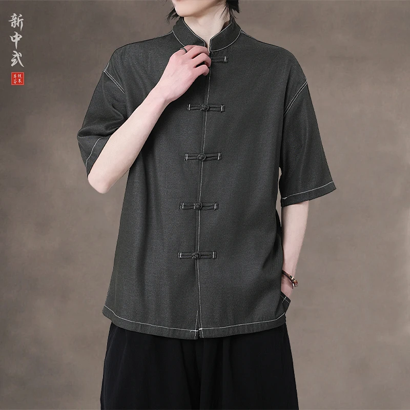 新中式休闲盘扣唐装半袖衬衫中国风对襟圆领中山装茶服牛仔衫上衣