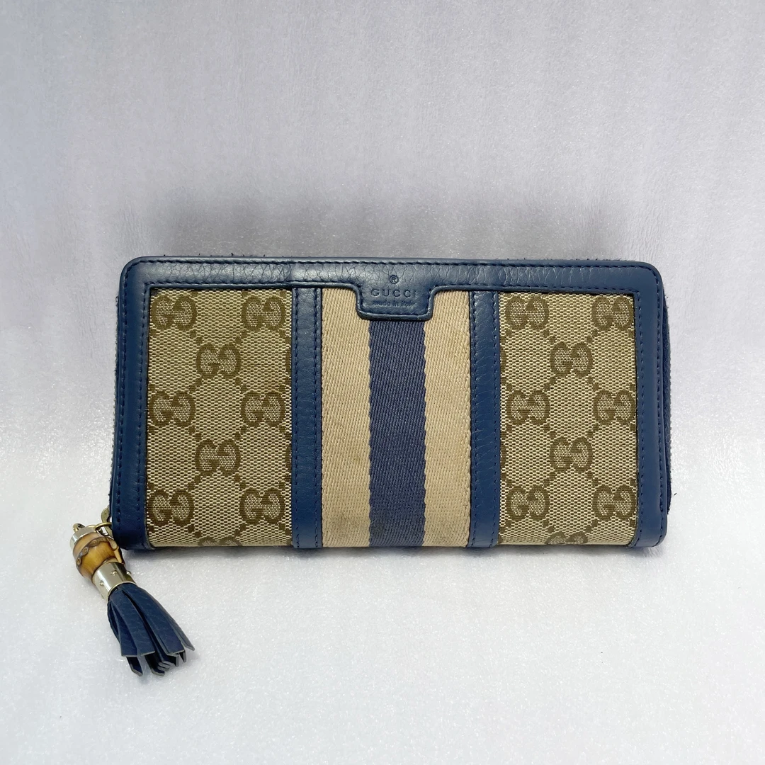 95新 GUCCI/古驰 老花拼蓝皮长款钱包，底长：19