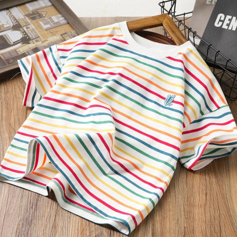 儿童夏季新款仙人掌刺绣彩条短袖中大童百搭T恤圆领休闲6281