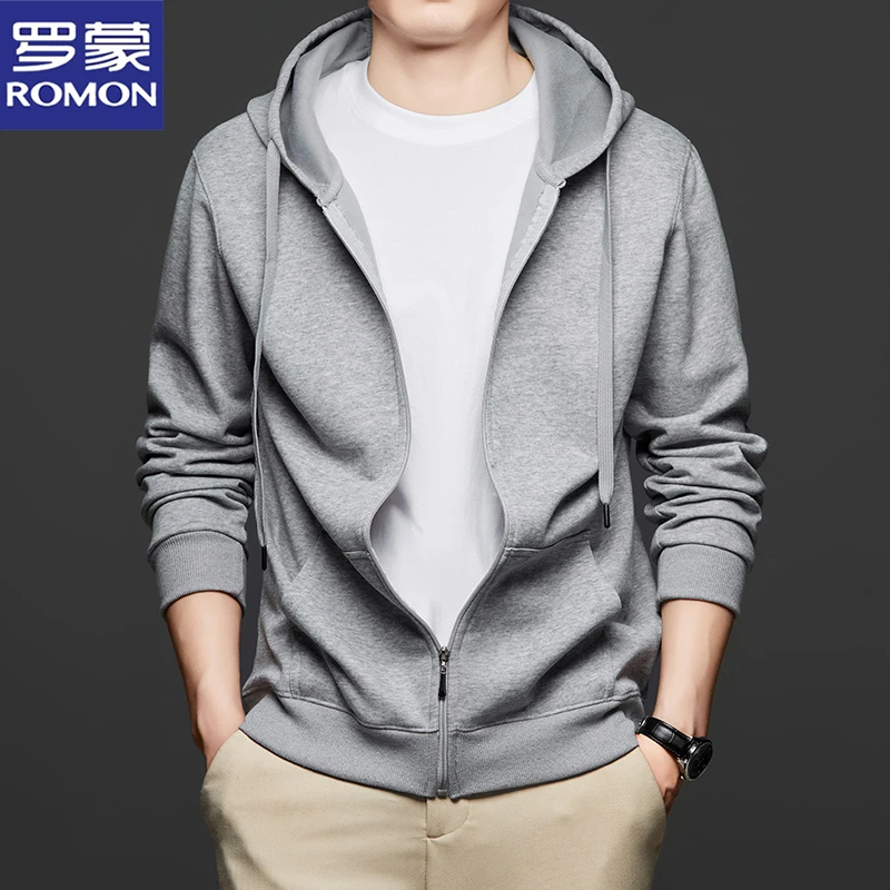 罗蒙新款纯色开衫卫衣春秋季男士百搭中青年上衣宽松透气连帽外套