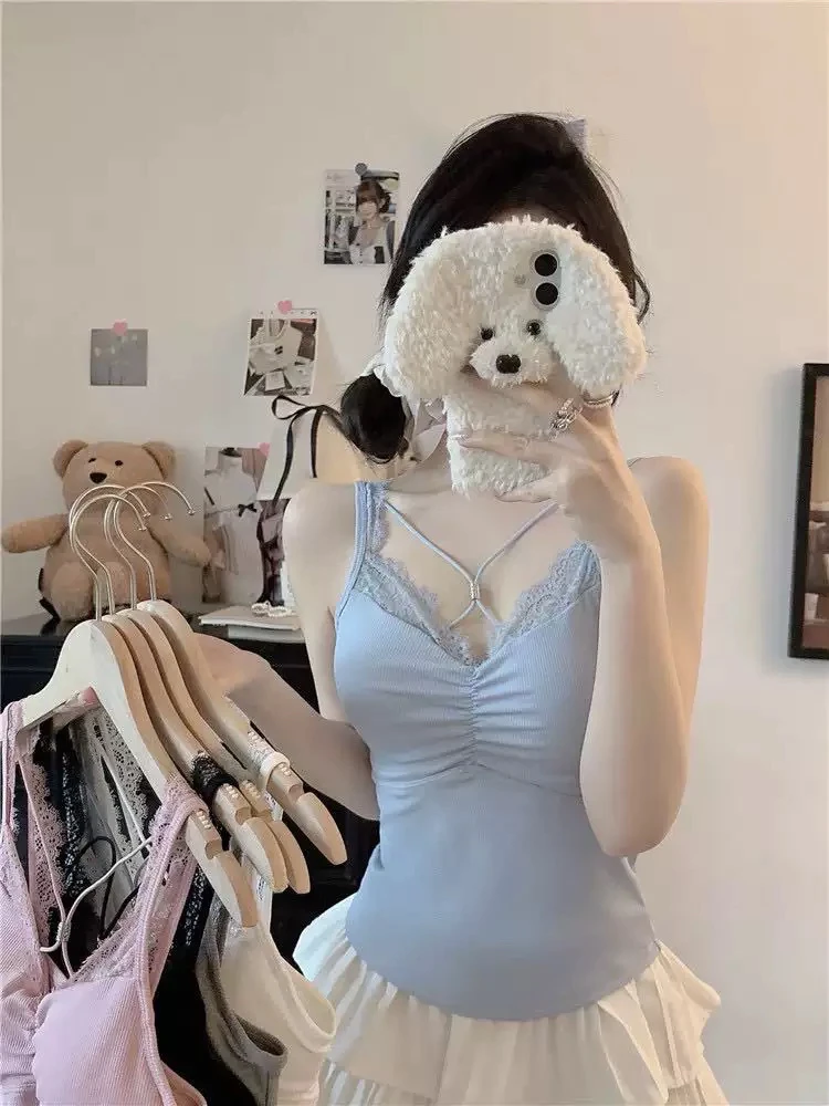 纯欲风蕾丝拼接v领吊带2025年内搭胸垫一体背心外穿美背无袖上衣