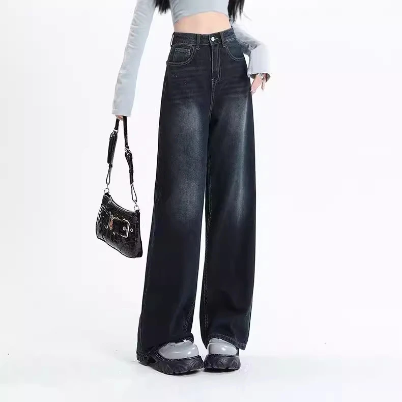 美式复古设计感蓝灰色阔腿牛仔裤女2024春秋季新款高腰直筒宽松拖