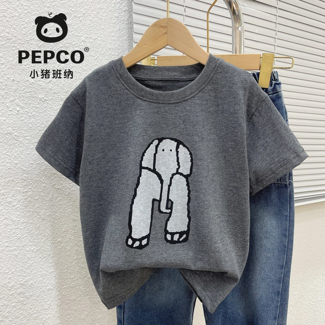 PEPCO/小猪班纳纯棉2025夏季新款灰色简约短袖T恤儿童短袖宽松潮