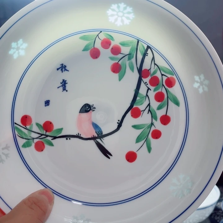 青花玲珑8寸窝盘手绘花鸟