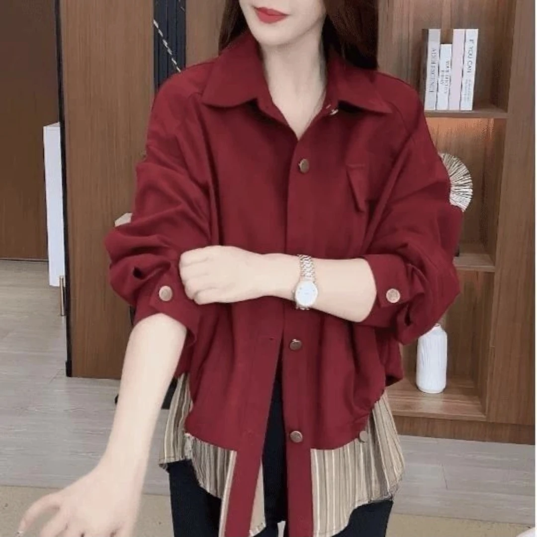 【现货现发】秋季新款设计感假两件拼接短外套女时尚减龄夹克衫
