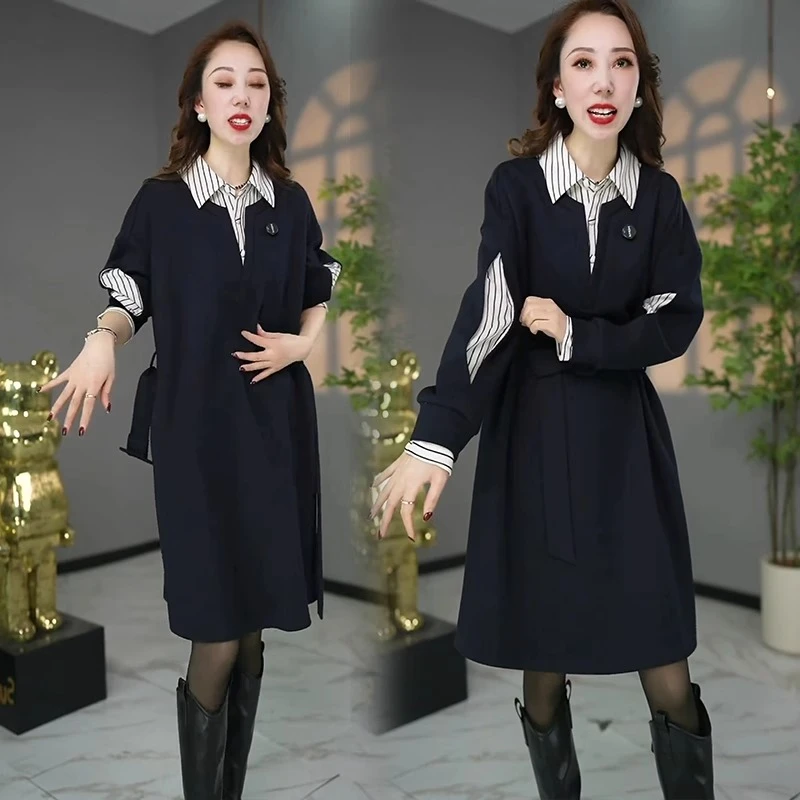 减龄条纹衬衣领拼接2025春秋季设计师款减龄遮肉收肚子显瘦连衣裙