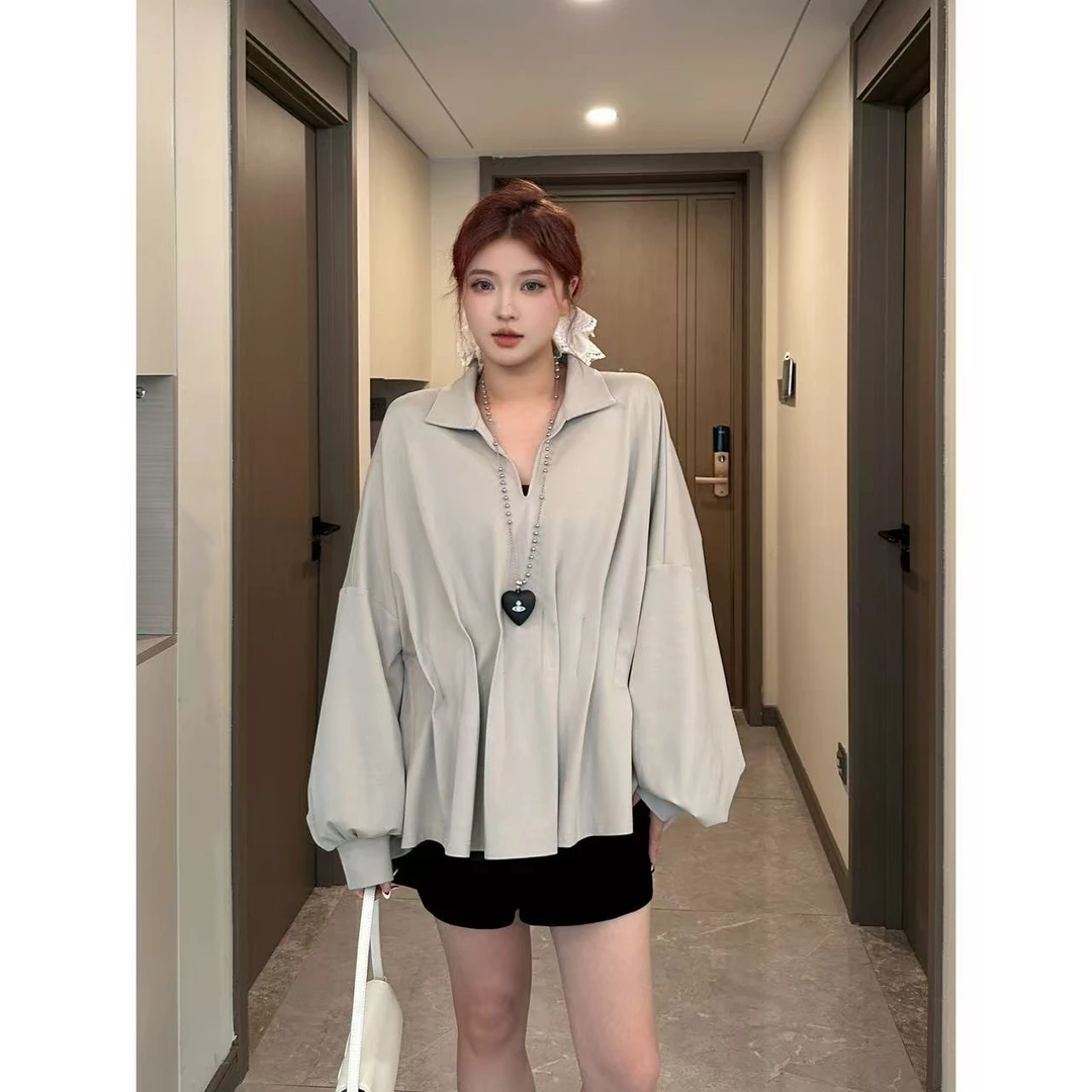 Xiaix【夜荷脉搏】新款百搭显瘦蝙蝠袖宽松压褶长袖上衣SY25216