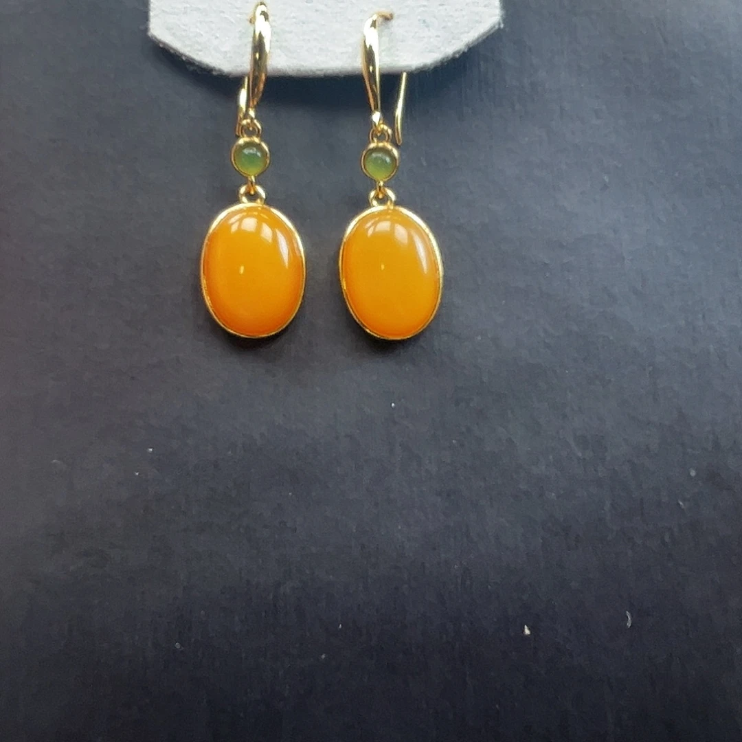 琥珀银S925镶嵌耳钉精品蜜蜡耳坠