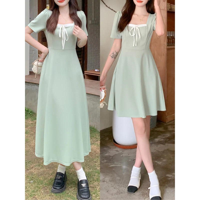 显瘦法式时尚方领连衣裙夏季多巴胺穿搭a字裙梨形身材胖MM长裙子