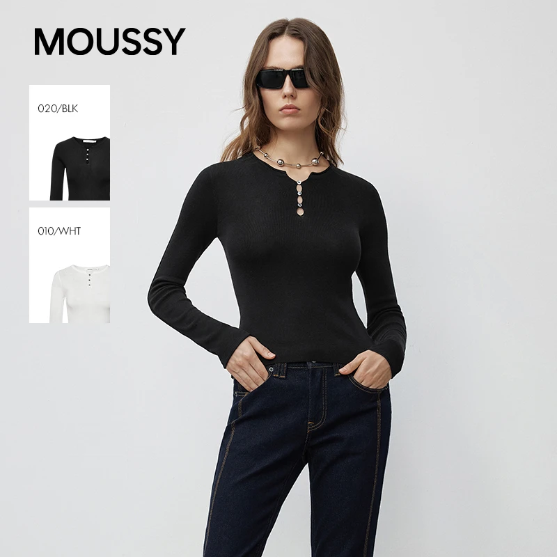 moussy 2025秋季新品温柔风镂空纽扣修身长袖针织衫028IAZ70-1025