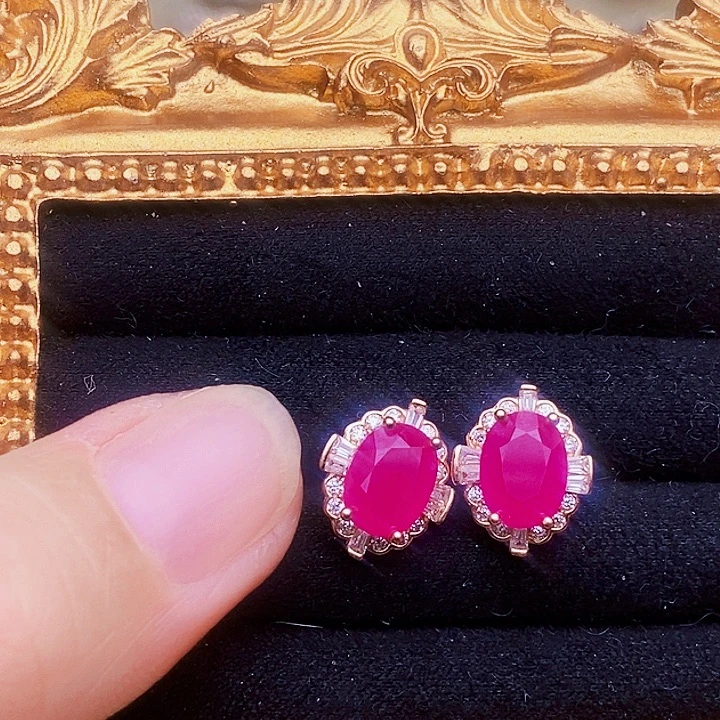 红宝石耳饰银S925镶嵌