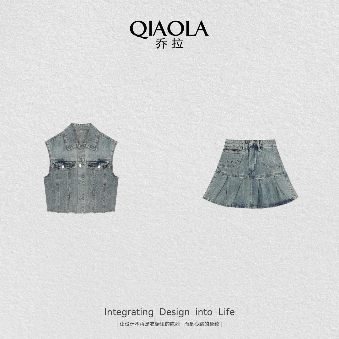 QIAOLA/乔拉【电眼爱神】夏新款透气宽肩翻领设计百搭牛仔套装预售