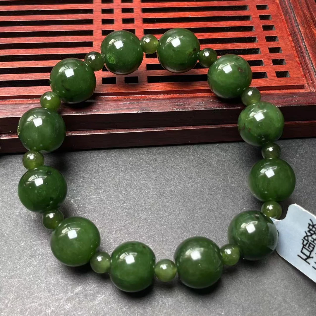 【迈越珠宝3986】天然和田玉碧玉菠菜绿算盘珠手串12mm单圈百搭精美