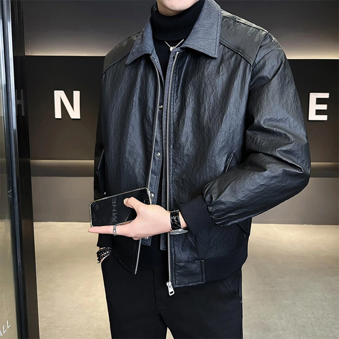 假两件男士皮羽绒服男款秋冬季2025新款加厚保暖潮牌翻领夹克外套