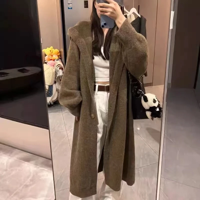 0005 连帽长款毛衣开衫外套女慵懒风加厚韩版宽松针织大衣