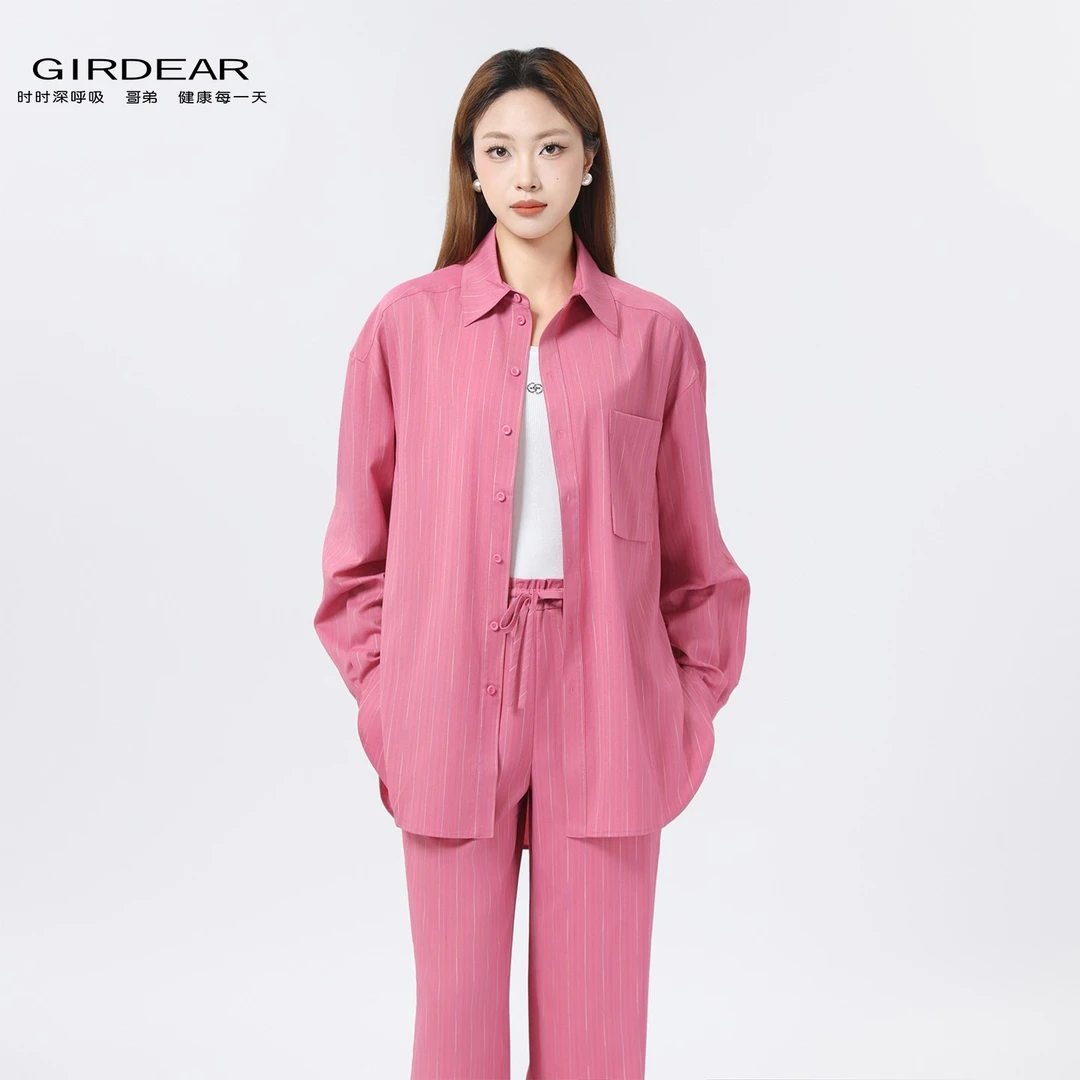 GIRDEAR/哥弟新款时尚松弛舒适休闲通勤条纹长袖衬衫上衣130034