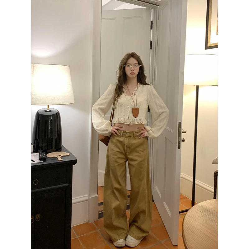 2025新款女士早春季时尚穿搭小众设计感开衫上衣高腰宽松阔腿裤