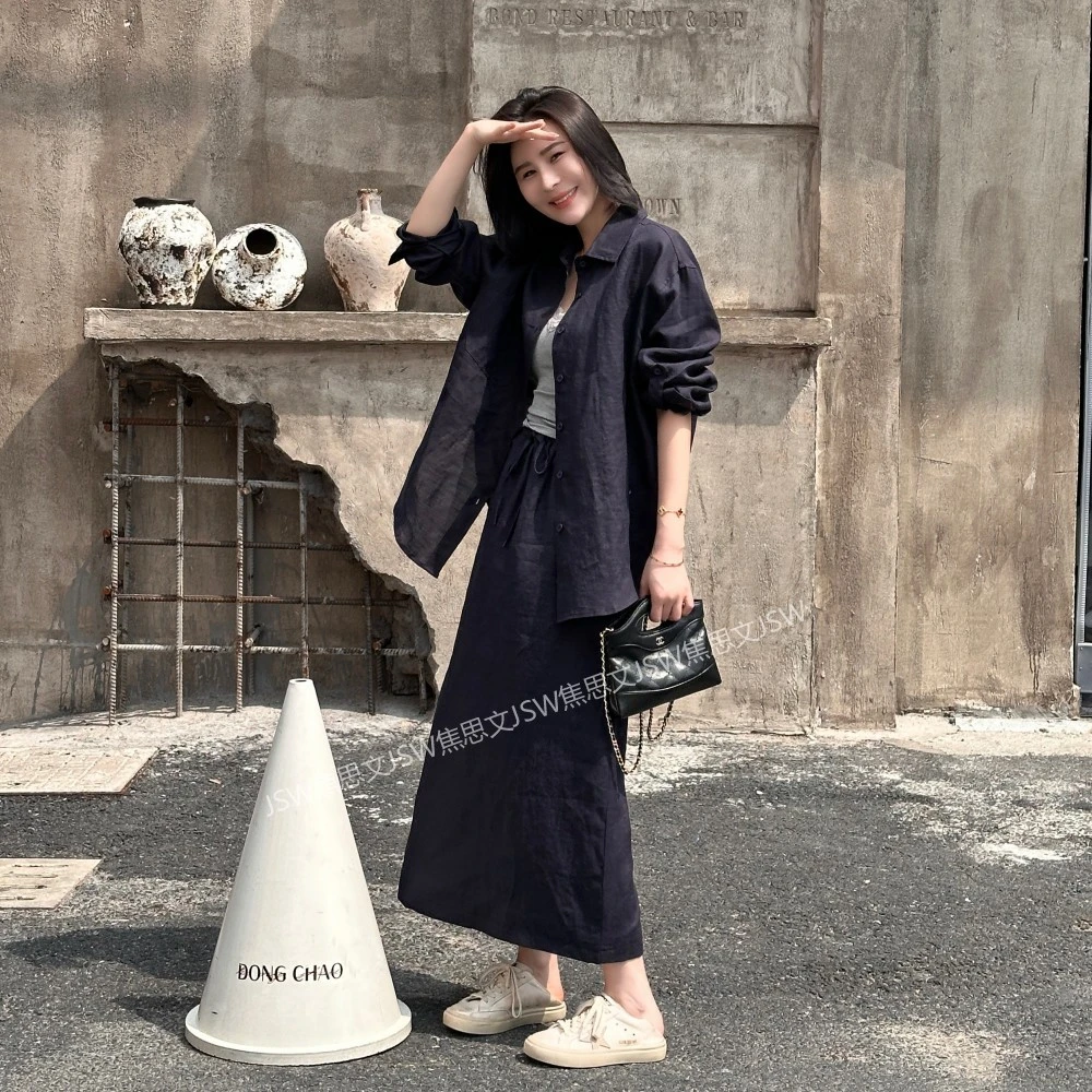 焦思文 时尚休闲宽松洋气防晒百搭长袖半身裙苎麻套装25430Y4