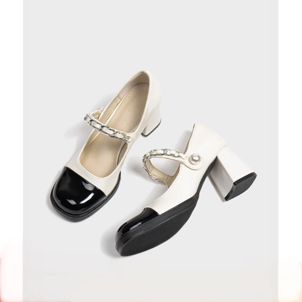 小香风法式复古玛丽珍鞋仙女风小皮鞋黑白拼色珍珠粗跟单鞋高跟鞋