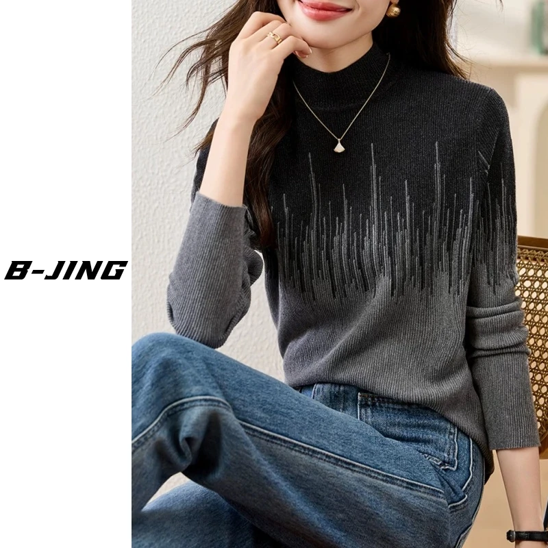 【莎莎家】M-钢琴键-黑色羊毛打底宽松修身半高领女士百搭时尚