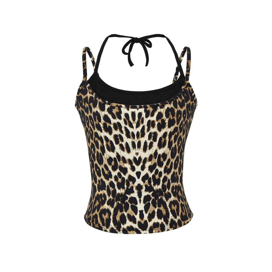 辣妹豹纹挂脖吊带背心女夏季内搭外穿系带拼接紧身性感打底衫上衣