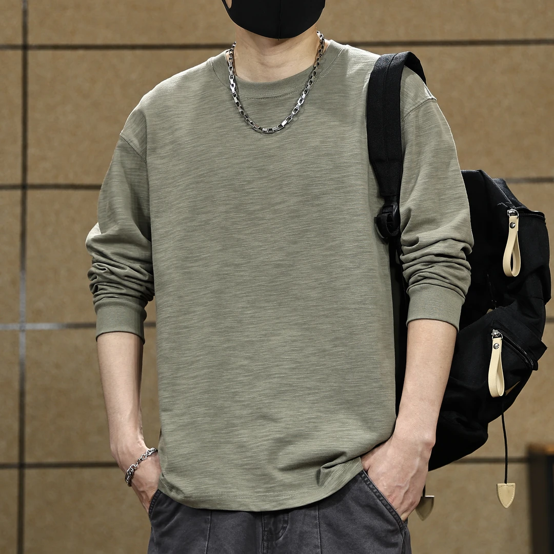 美式重磅230g竹节棉长袖T恤男士秋季款宽松纯棉打底衫男休闲上衣t