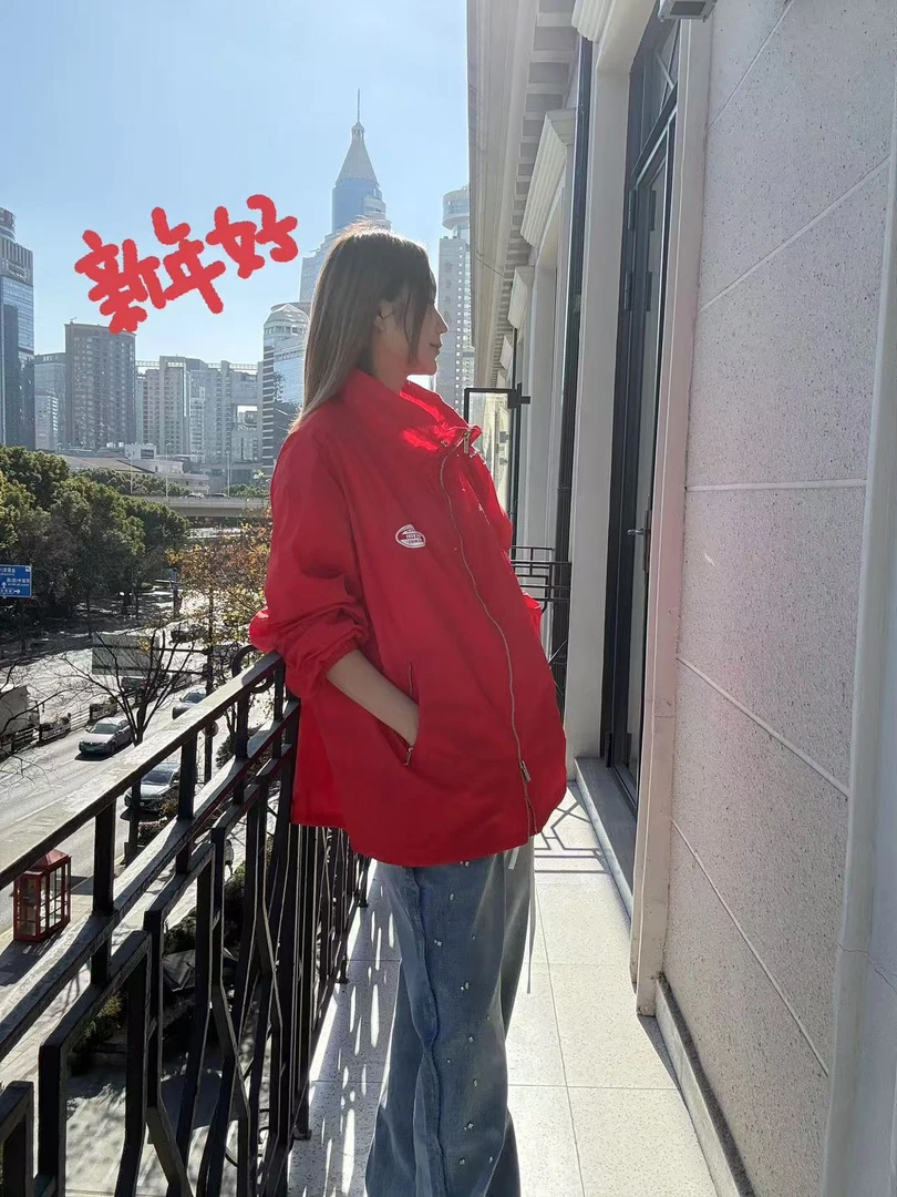 ANNENONO设计师品牌2025早春新款百搭抽绳花边领外套红