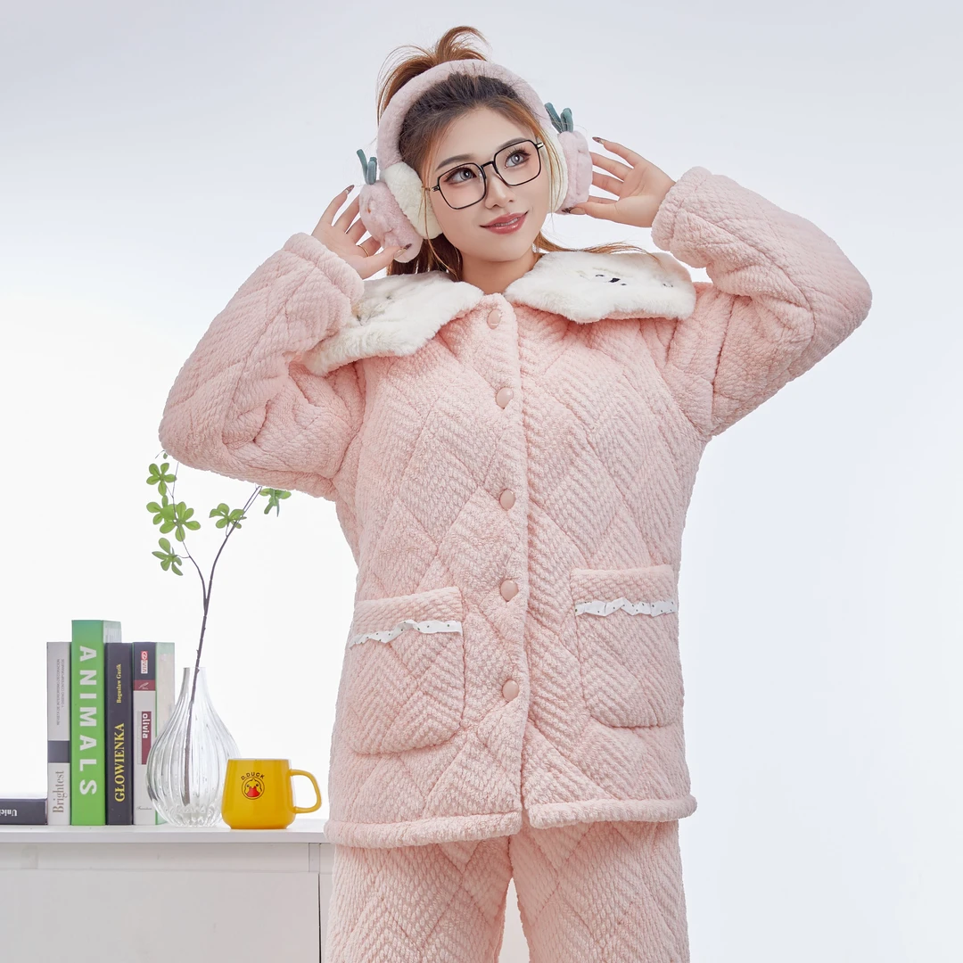 冬季女士新款睡衣时尚三层夹棉加厚舒适家居服套装加绒保暖