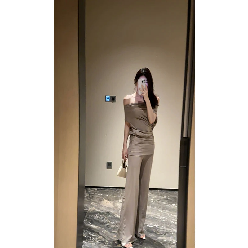 夏季新款纯欲辣妹不规则斜肩修身上衣+拖地直筒休闲裤时尚两件套