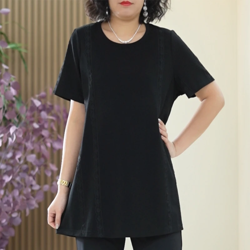 蕾丝拼接冰感棉短袖T恤A字阔版随性休闲大码百搭夏季中长款上衣女