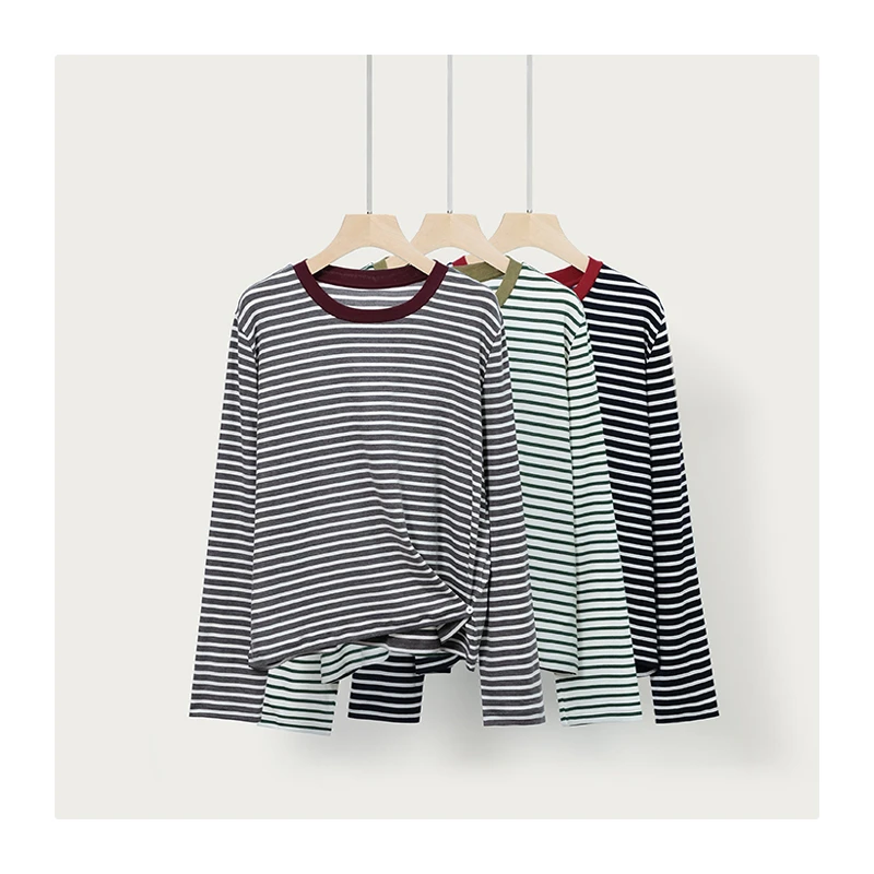 天丝羊毛条纹撞色领长袖t