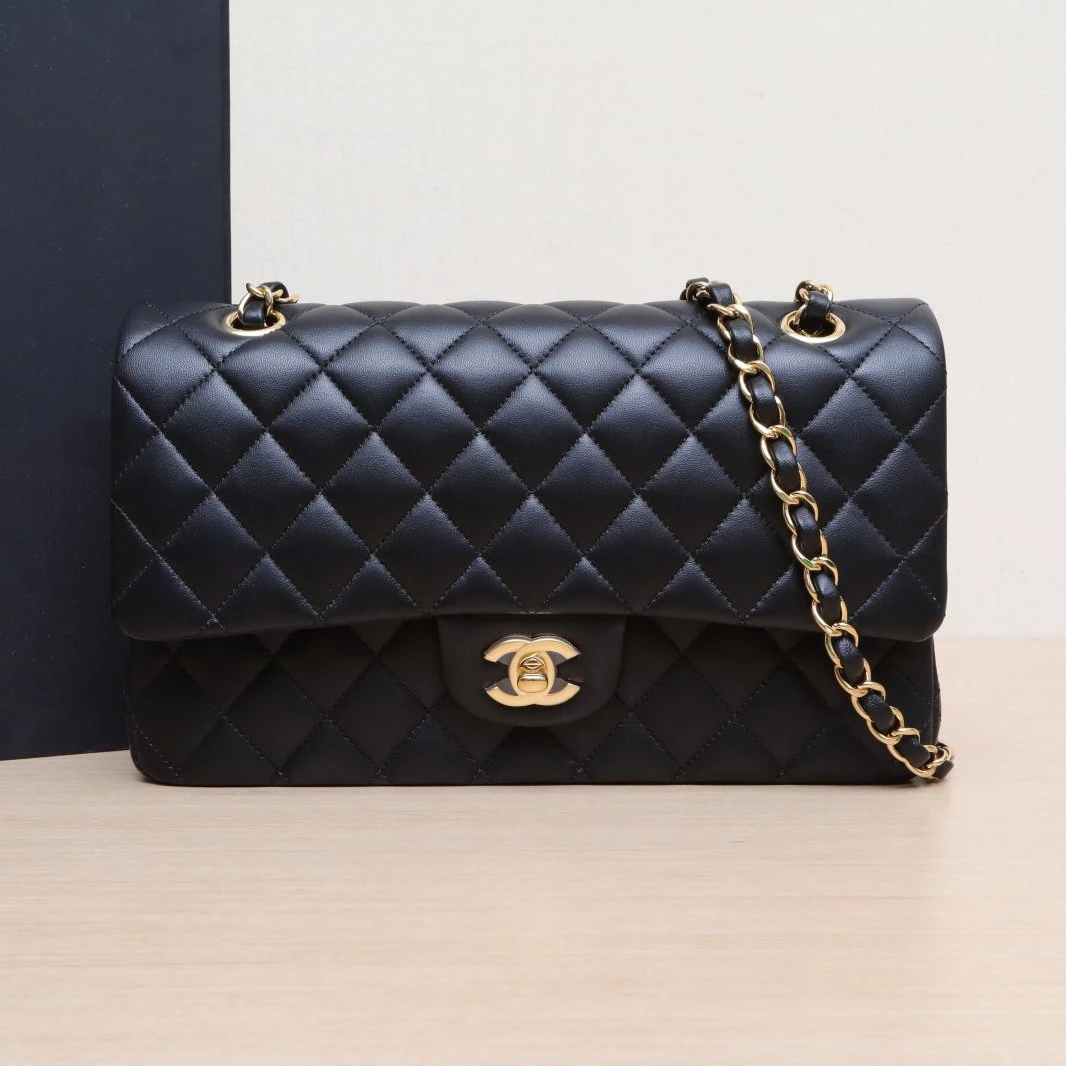99新 Chanel/香奈儿 小花6枫 CF 口盖包 中号 黑色皮革S 29开