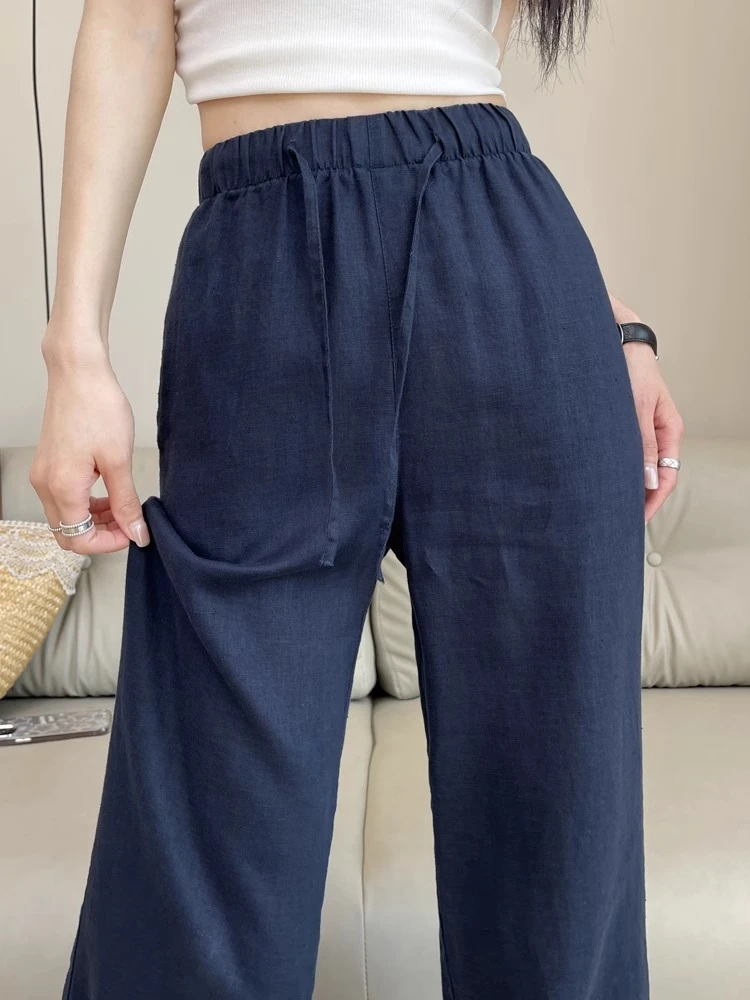 高端纯亚麻窄版阔腿裤女夏季新款轻薄透气宽松直筒小个子棉麻长裤