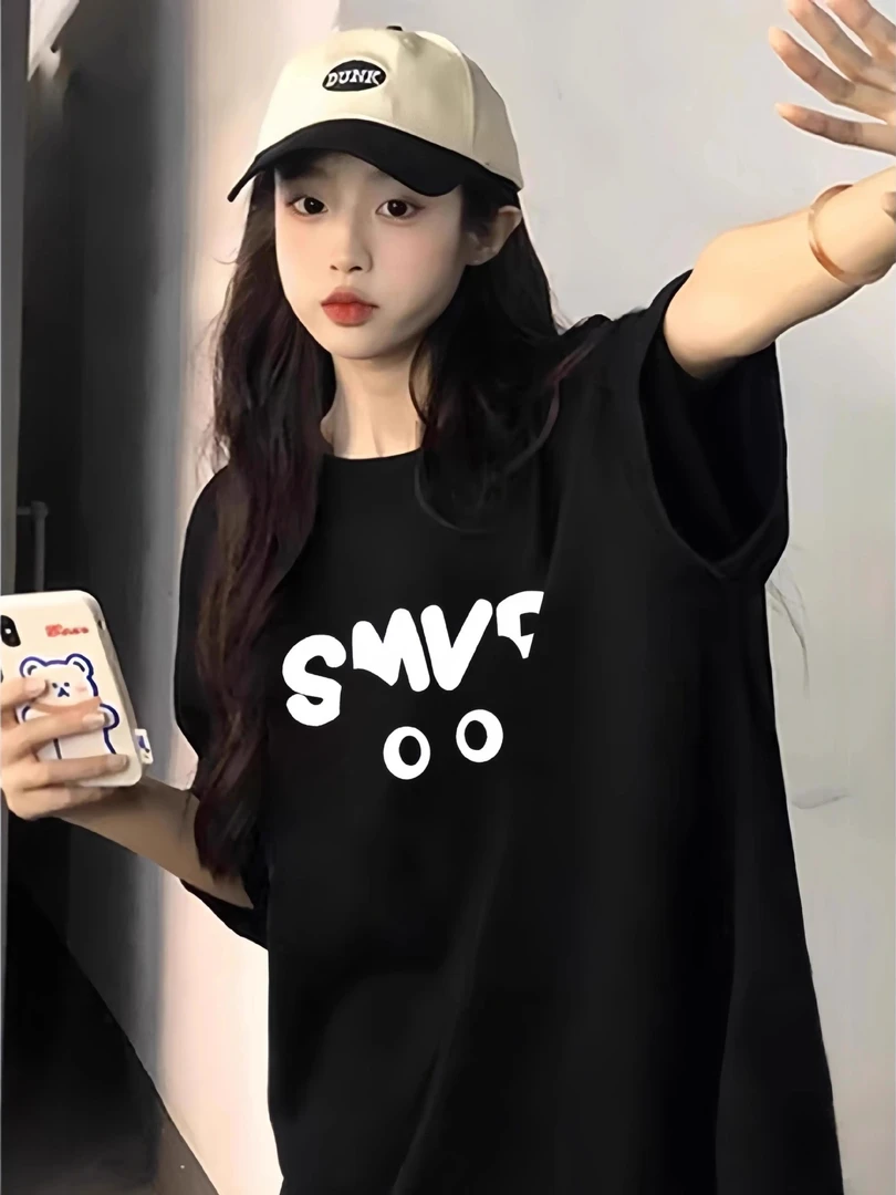 时尚洋气休闲服新款黑色短袖T恤女小众卡通印花半袖宽松中长款夏