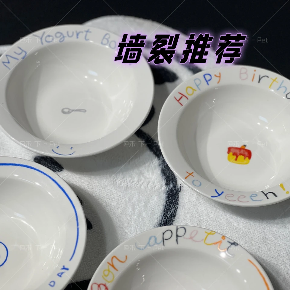 ins飞碟手绘陶瓷宠物碗高颜值猫咪粮碗铁架增高罐头碗狗狗零食碗