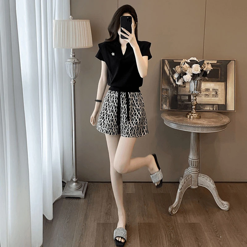 气质女神范V领短袖休闲时尚套装女夏季2025轻熟高级感御姐两件套