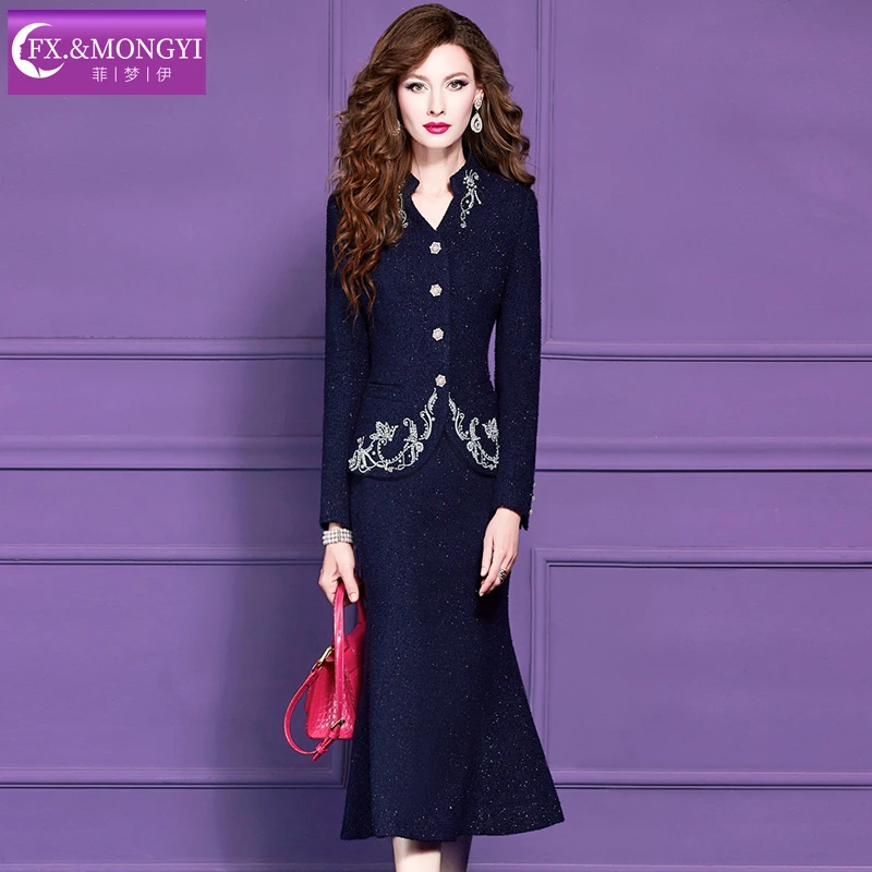 菲梦伊绵羊毛刺绣钉珠重工小香风新款轻奢时尚修身套装68963