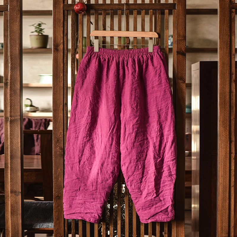 原创复古亚麻女式萝卜裤冬季棉裤宽松休闲夹棉女士保暖外穿长棉裤