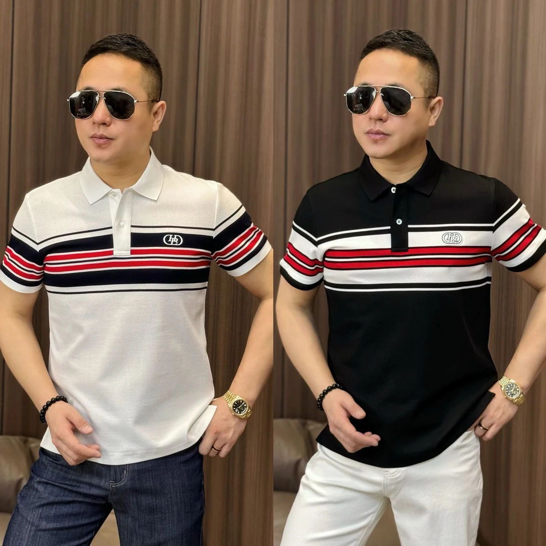 孙先生｜品牌定制翻领半袖液氨六角珠横条纹 Polo 衫半袖53038
