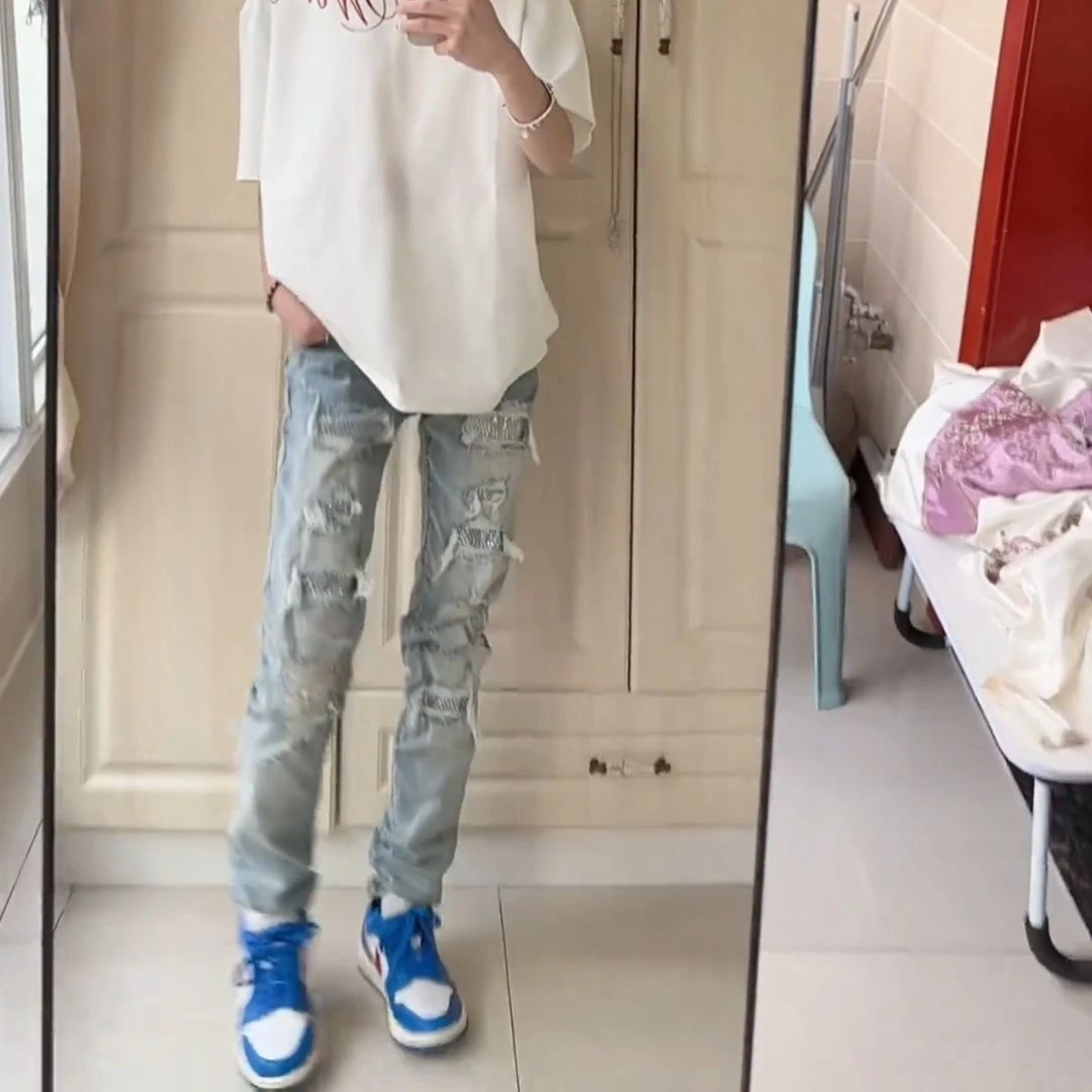 网红美式高街复古泼墨破洞牛仔裤男痞帅修身直筒小脚裤百搭长裤子
