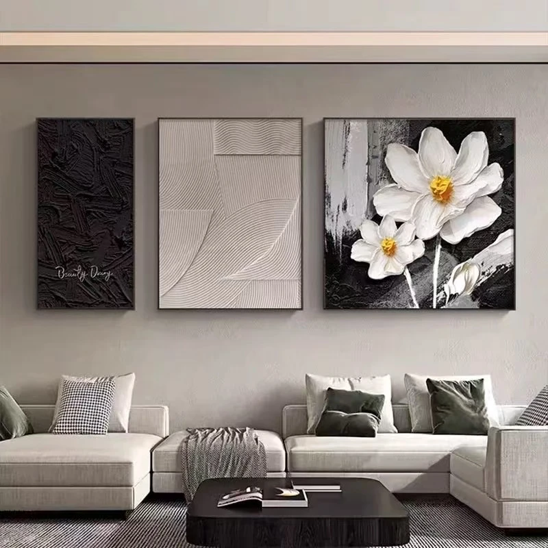 抽象黑白砂岩肌理画高级感客厅三联画沙发背景画现代简约风格画