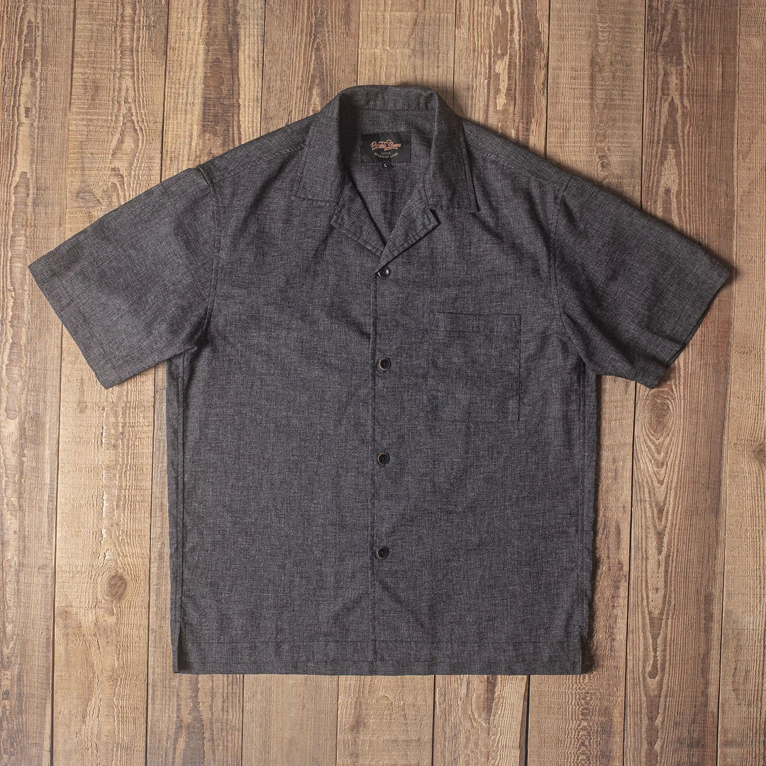 Double Seam古巴领短袖衬衫复古宽松夏威夷衬衣亚麻混纺黑灰