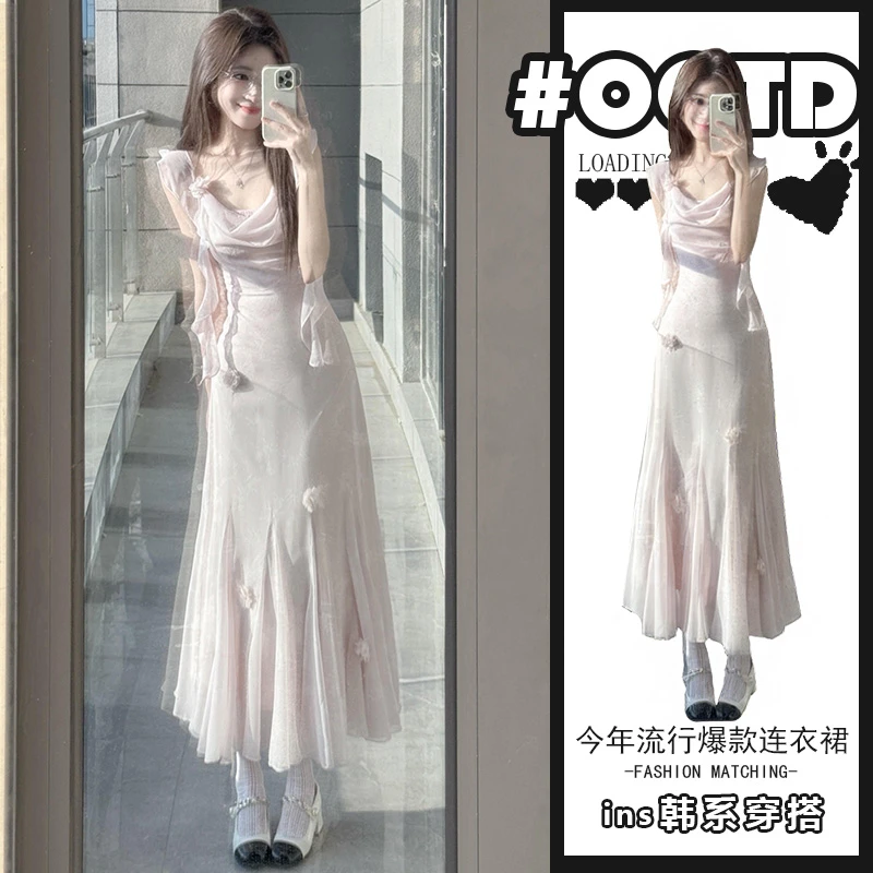 法式温柔风小飞袖感设计感立体花朵绝美收腰长裙荷叶边连衣裙仙女