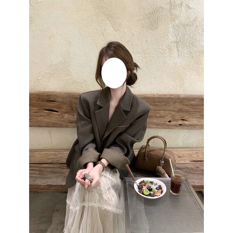 韩系复古廓形设计感撞色毛边西装外套女秋季新款仙气飘飘半身裙潮