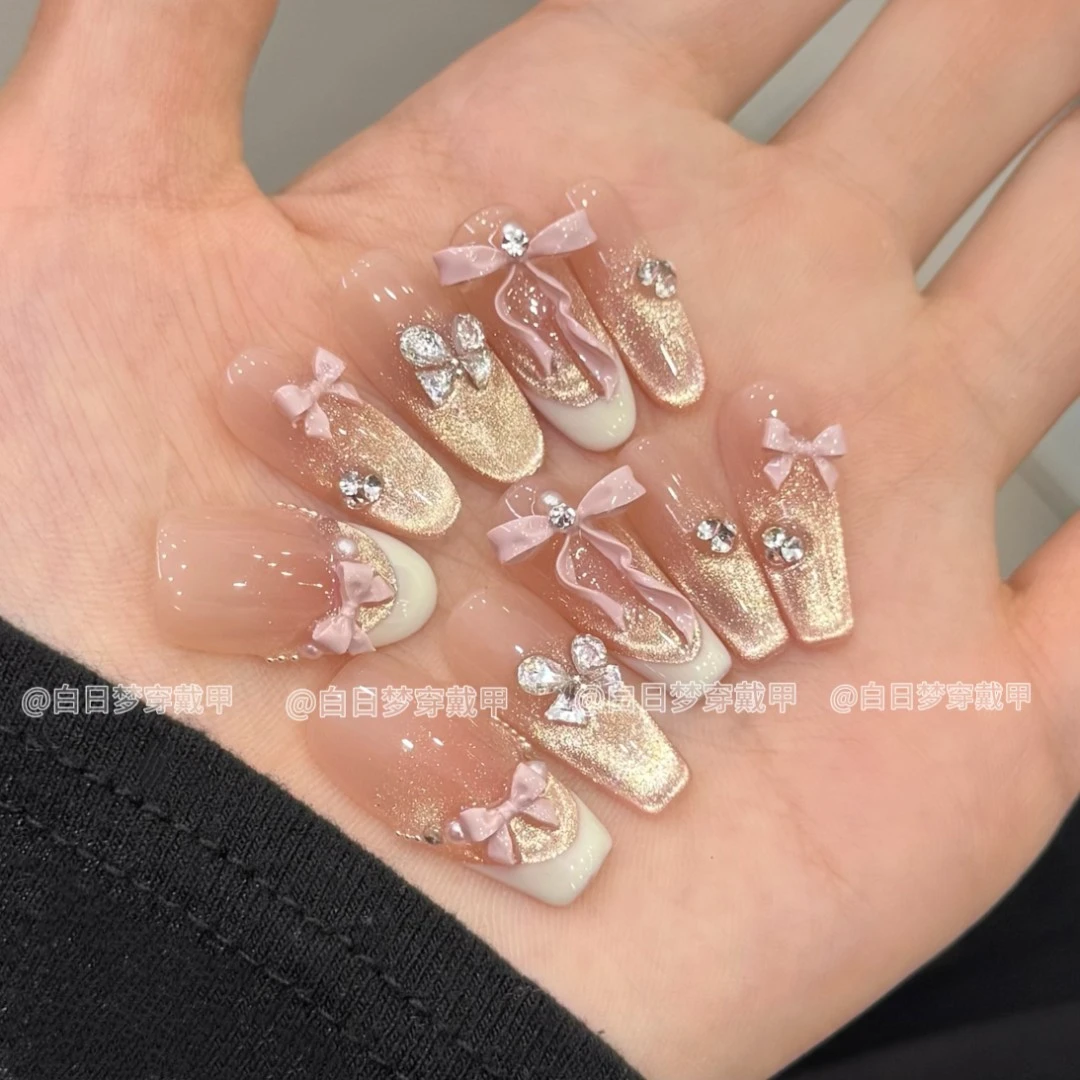 【仙女蝴蝶结】手工穿戴甲气质款光疗美甲可拆卸贴片10片装