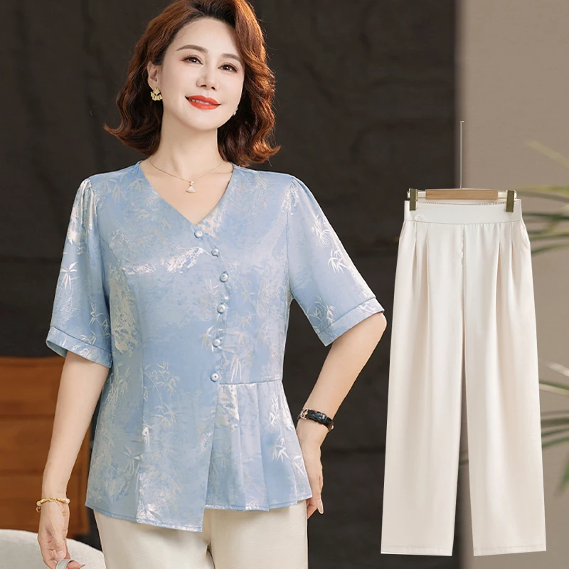 夏装新款中老年女装套装洋气上衣妈妈装时尚短袖两件套中式小衫女