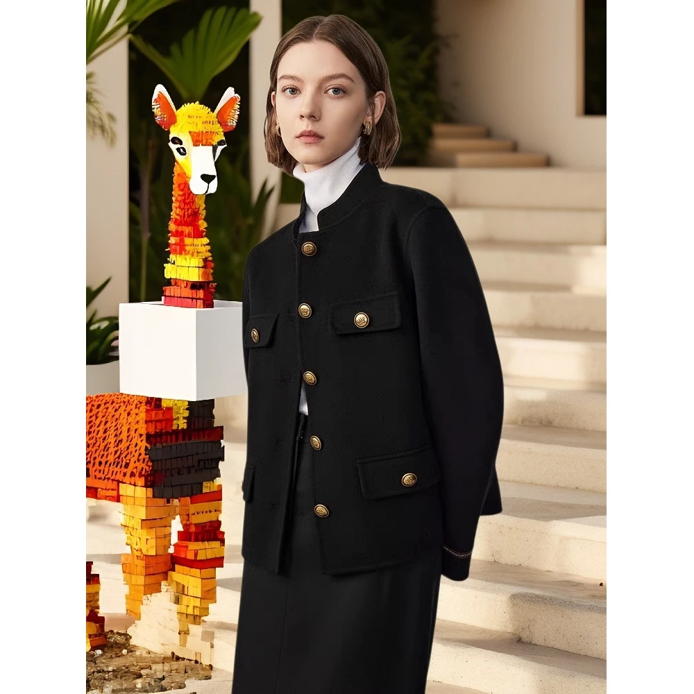 羊毛复古双面呢夹克秋冬毛呢冬季新款毛呢短外套2023黑色气质西裤