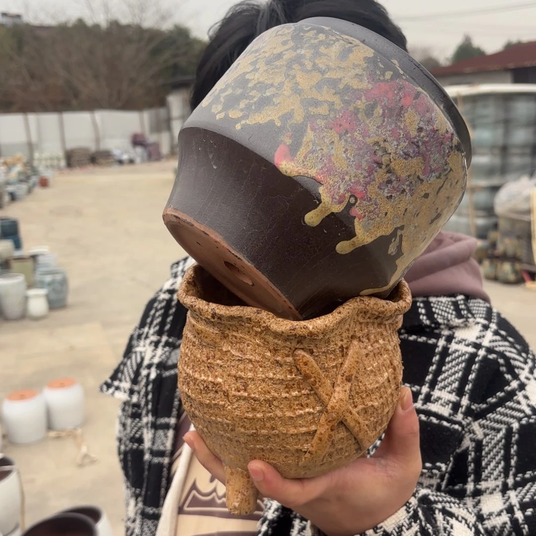 花盆紫砂口径15高15两个麦饭石组合