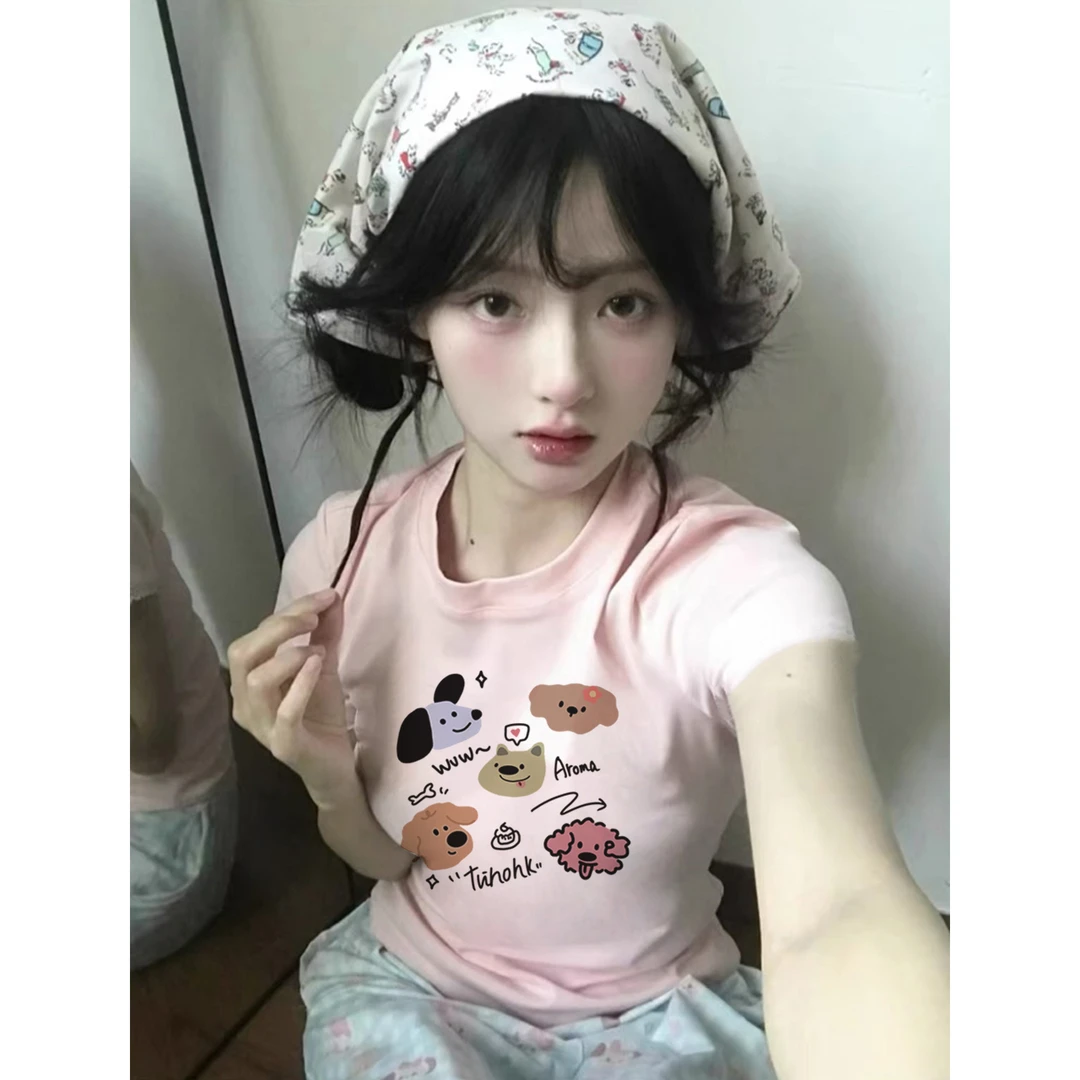 韩系粉色正肩圆领短袖t恤女夏季2025新款基础款纯棉修身甜辣上衣